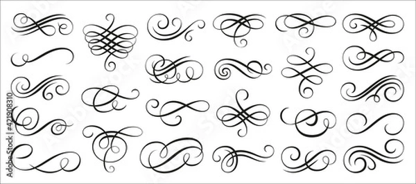 Fototapeta Vintage swirl ornament, line style flourishes set. Filigree calligraphic ornamental curls. Decorative retro design elements for menu, certificate diploma, wedding invatation card, outline text divider