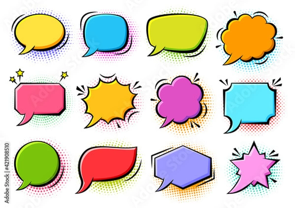 Fototapeta Cartoon pop art bubbles on color halftone background. Retro sketch speech bubble icon set. Vector design fun comic page dialog text message balloon template shapes. Boom, burst, wow effect empty frame