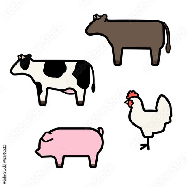 Fototapeta シンプルでかわいい家畜のイラストセット