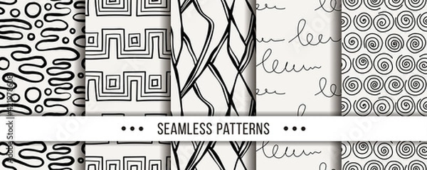 Fototapeta Cute collection of doodle hipster seamless patterns. Ornament set for your design, wallpaper, background, fabric textile