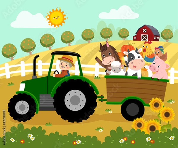 Obraz Vector illustration cartoon of happy elderly farmer driving a tractor with a trailer carrying farm animals on the farm.