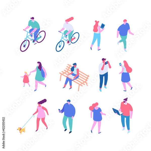 Fototapeta Different isomeric people vector set isolated on white. Male and female characters. People outdoor activities isometric vector set