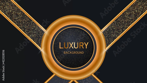 Fototapeta Dark abstract background with black overlap layers. Realistic texture with light effect and golden glitters dots element decoration.