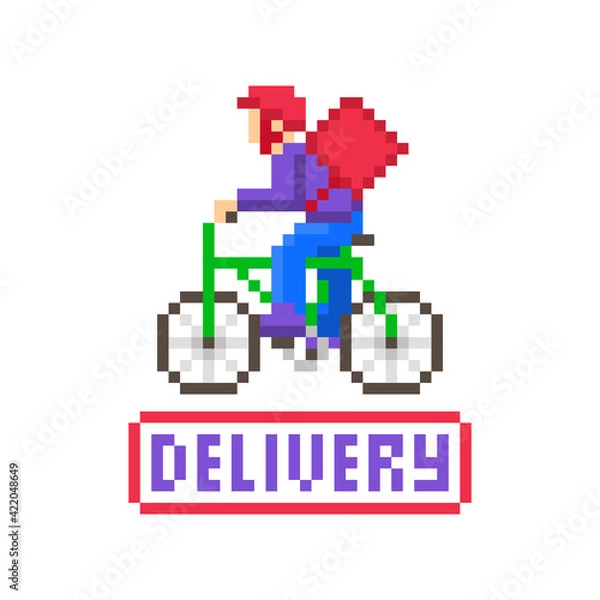 Fototapeta Delivery man with a bag on a green bicycle, pixel art character isolated on white background. Fast food restaurant order mobile app,site icon.Online shopping service symbol. Courier guy on a mission.