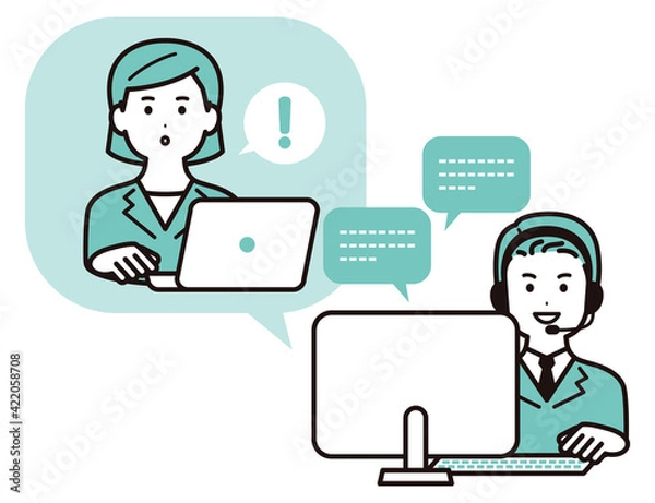 Fototapeta コールセンター、オペレーターの男性と客　オンラインで説明する