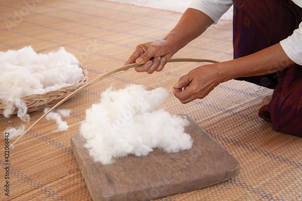 Obraz Handmade cotton wool. Closeup of hand using bamboo equipment to make cotton wool fluffy.
Process of making natural cotton wool to fabric. Thai and asian culture. Selective focus