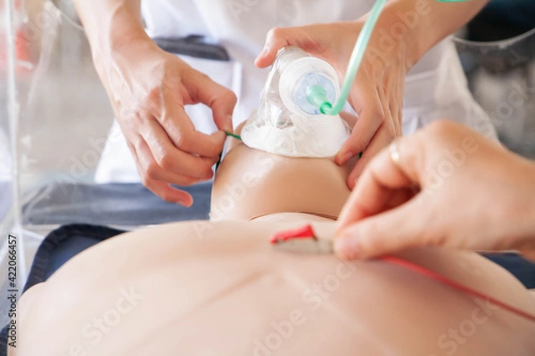 Obraz Motion of hands putting face mask on manikin's face and attaching the monitor on chest. Concept of resuscitation in patient with dyspnea, hypoxemia and respiratory failure. Selective focus.