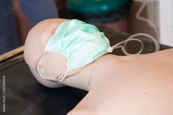 Obraz Manikin doll wearing oxygen nasal canula covered with green medical face mask. Concept of oxygen therapy in dyspnea, hypoxia, pneumonia patient. Selective focus.