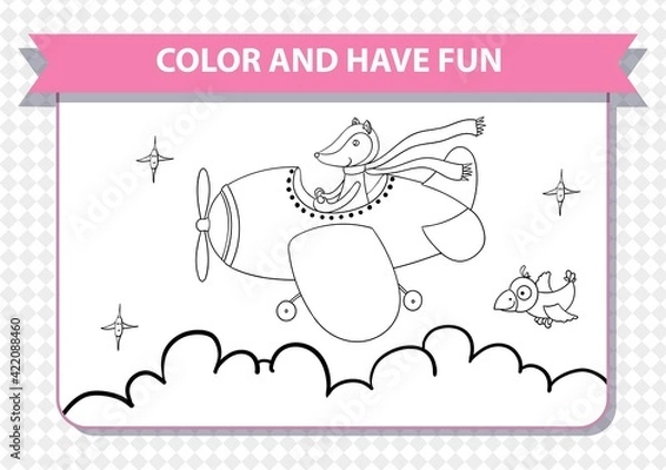 Fototapeta Coloring book for children. Printable a4 page. Horizontal landscape orientation. Fox, pilot in plane. Stars, cloud, good, night. Background with clouds