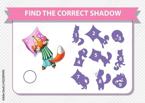 Obraz Educational worksheet for preschool kids. Find the correct shadows. Sleeping cartoon fox. Good night. Vector