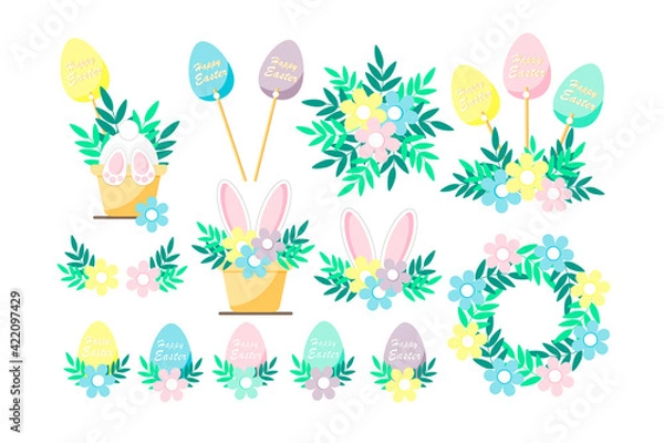Obraz Happy easter collection with easter eggs,rabbit,simple flowers compositions and wreath.Cute holiday elements.Vector illustration.