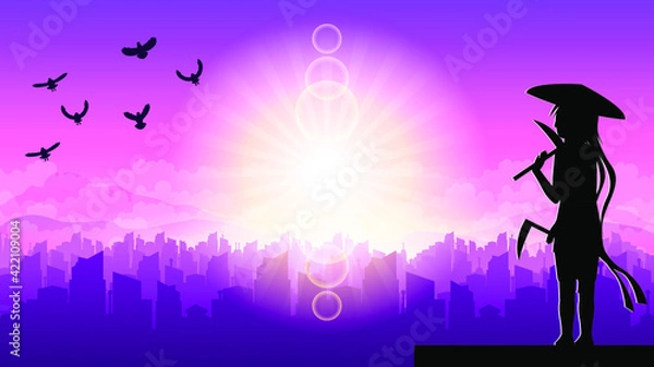 Fototapeta Dark Background Ninja Sun City Person Silhouette Bird Clouds Sky People Vector Design Style