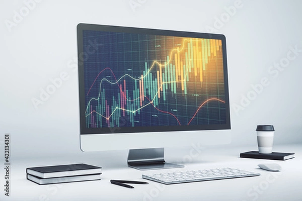 Fototapeta Abstract creative financial graph on modern laptop screen, forex and investment concept. 3D Rendering