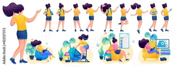 Fototapeta Young girl in various poses and actions, communication, work, training. 2D flat character vector illustration N5