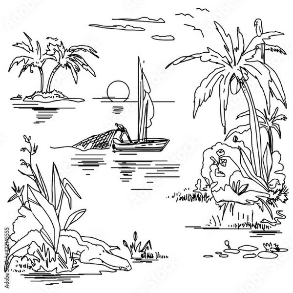Fototapeta Beautiful tropical island sketch on white background. Landscape with palm trees,beach and ocean vector hand drawn style. Black and white linear landscape