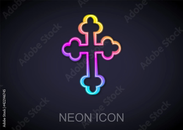 Fototapeta Glowing neon line Christian cross icon isolated on black background. Church cross. Vector