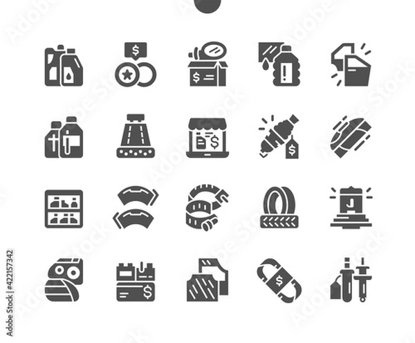 Fototapeta Car parts shop. Car oil, wheels, mirrors, hose clamps, spark plug and other. Auto chemical goods. Car repair and garage. Vector Solid Icons. Simple Pictogram