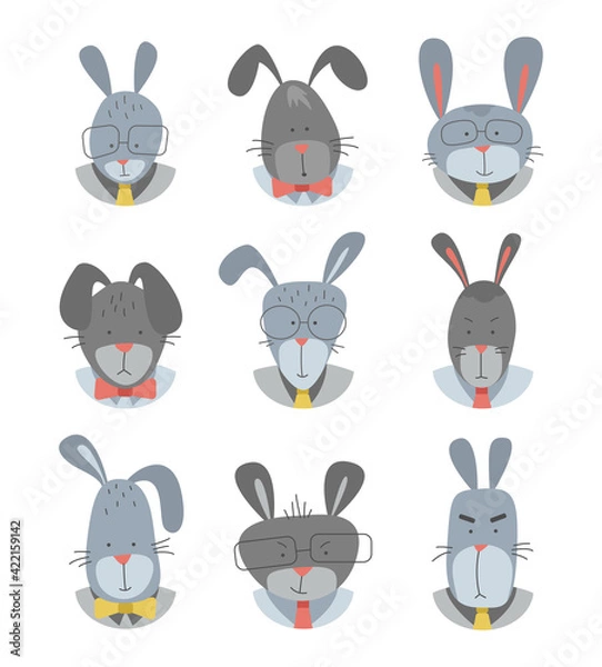 Fototapeta Vector set with cartoon bunnies - cute office workers. A series of funny rabbits in ties. Hand-drawn stickers.