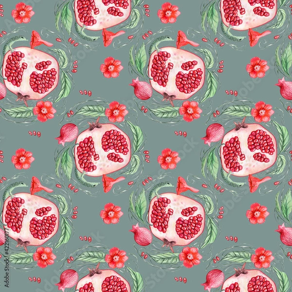 Obraz Watercolor seamless pattern with red pomegranate and green lizard on a gray background, red flowers, juicy pomegranate seeds