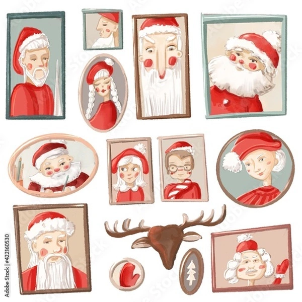 Fototapeta Various Santa Claus, art gallery, relatives of Santa Claus. Digital illustration. Seamless pattern