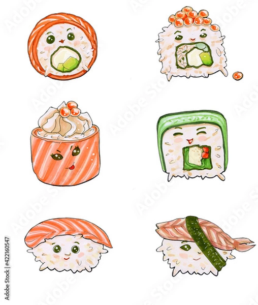 Fototapeta Funny sushi and rolls on a white background, cute characters, kawaii