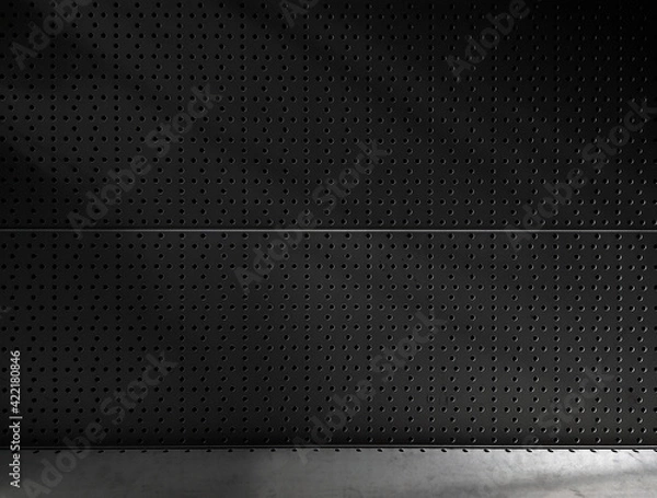 Obraz Dark background with shadow grid round and lighter shelf of solid metal