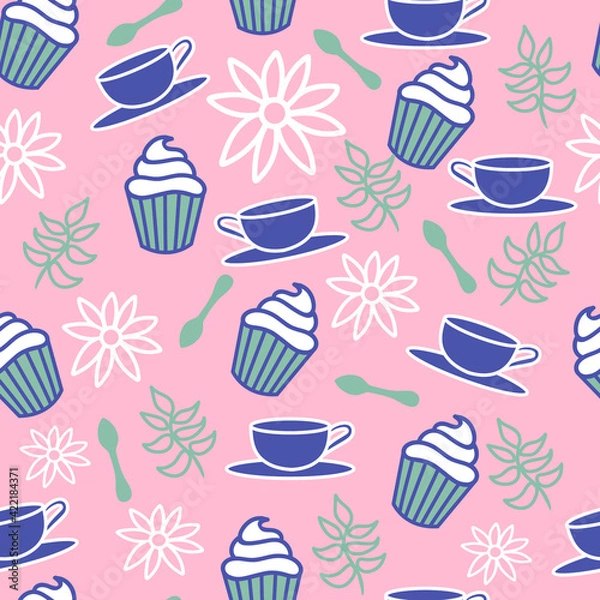 Fototapeta Vector Pink Cupcake Coffee Seamless pattern background. Perfect for fabric, scrapbooking, wallpaper projects.