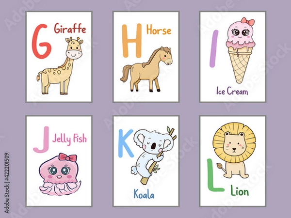 Obraz Set of Alphabet flash card design illustration for kids G H I J K L