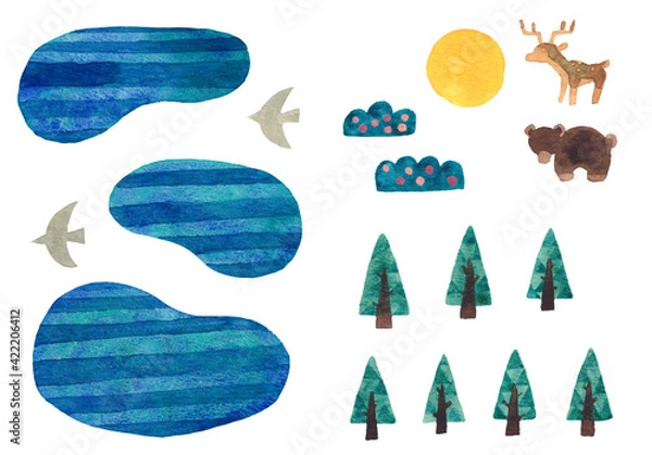 Obraz 青い森と湖