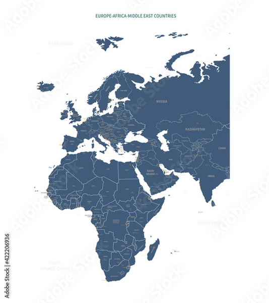 Fototapeta A detailed map of Europe-Africa. Europe-Africa map vector with country and capital name.