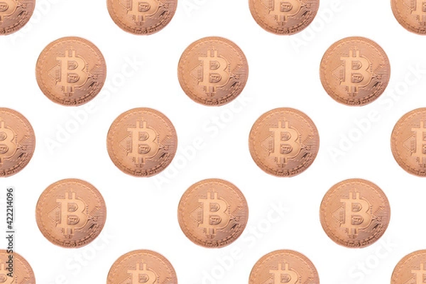 Obraz Seamless pattern of gold coin bitcoin on a white background close-up. Physical bit coins background.