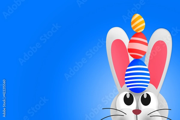 Obraz Cute Easter bunny with Easter eggs on his head. Copy space. Colorful illustration 