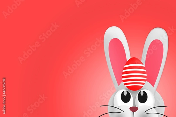 Obraz Cute Easter bunny with Easter egg on his head. Copy space. Colorful illustration 