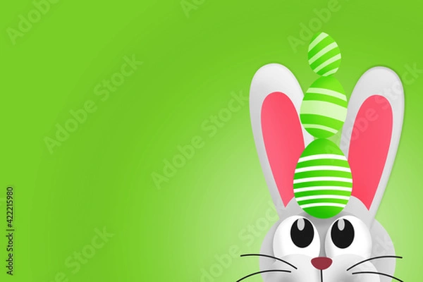 Obraz Cute Easter bunny with Easter eggs on his head. Copy space. Colorful illustration 