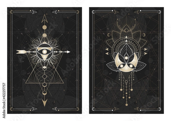 Fototapeta Vector dark illustrations with sacred geometry symbols, grunge textures and frames.  Images in black, white and gold.
