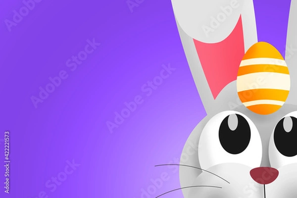 Obraz Cute Easter bunny with Easter egg on his head. Copy space. Colorful illustration 