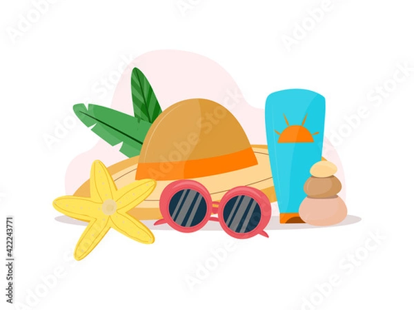 Obraz sunscreen concept. Straw hat, sunblock, sunglasses. For magazines, advertisements, information brochures. Vector illustration. Flat
