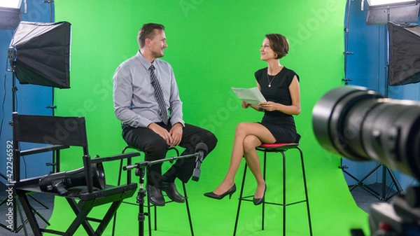 Fototapeta Recording interview with politician using professional tv green screen studio