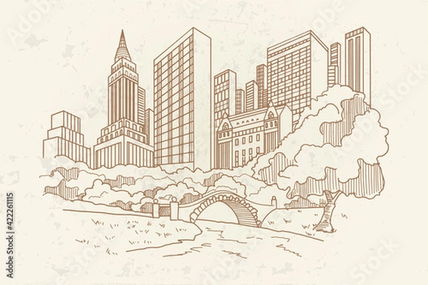 Fototapeta Hand drawn sketch of Central park in New York city.