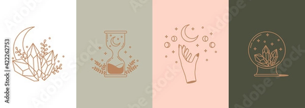 Fototapeta Set of mystical illustrations in boho style. Moon with stars, hand, hourglass, crystal ball with crystals. Esoteric and bohemian mysterious objects in linear style