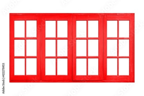 Fototapeta Vintage red painted wooden window frame isolated on a white background