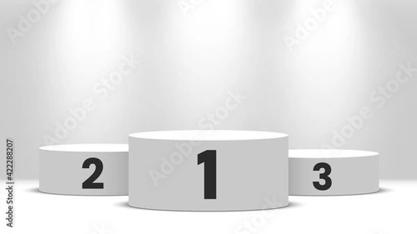 Fototapeta White round winners podium with spotlights. Pedestal. Vector illustration.