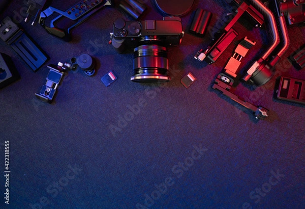 Fototapeta top view of work space photographer with digital camera, Gimbal Stabilizers and camera accessory