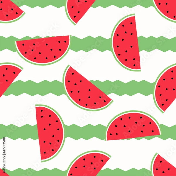 Obraz Watermelon pattern. Vector background with watermelon slices. With green abstract zigzag stripes