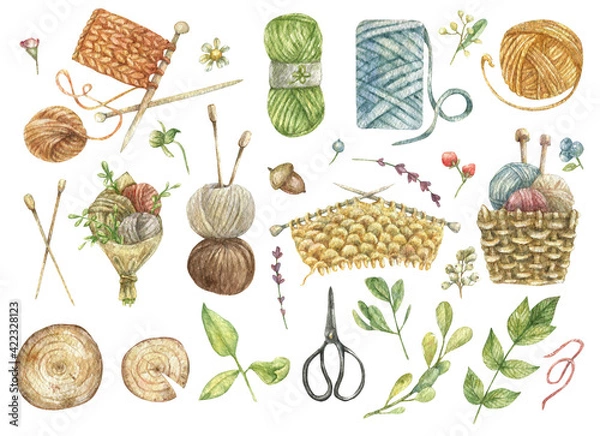 Obraz Watercolor set of knitting tools - yarn, threads, knitting needles, a basket of yarn, a bouquet of leaves and balls.Botanical elements of leaves, herbs, flowers, branches, wooden cuts. Hand-drawn isol