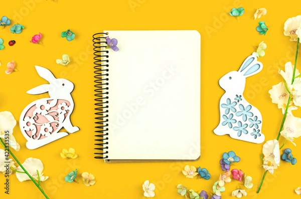 Fototapeta Easter mockup with spring decor, blank paper for your text, copy space