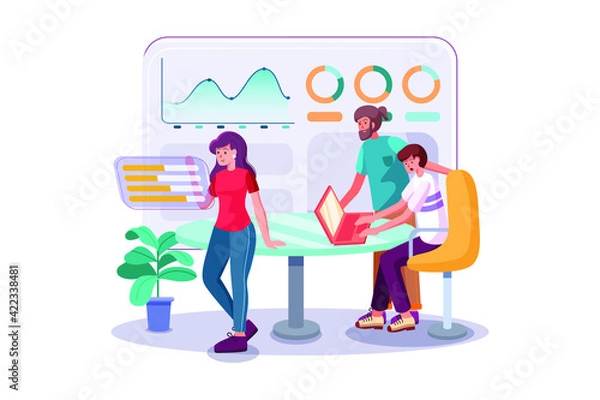 Fototapeta Team works on project with help of analytics, computers and graphs in office.