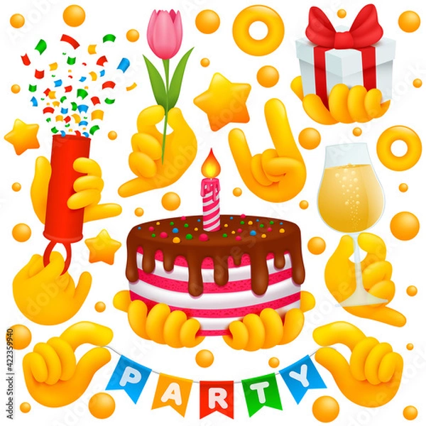 Fototapeta Set of yellow emoji hand icons and symbols.