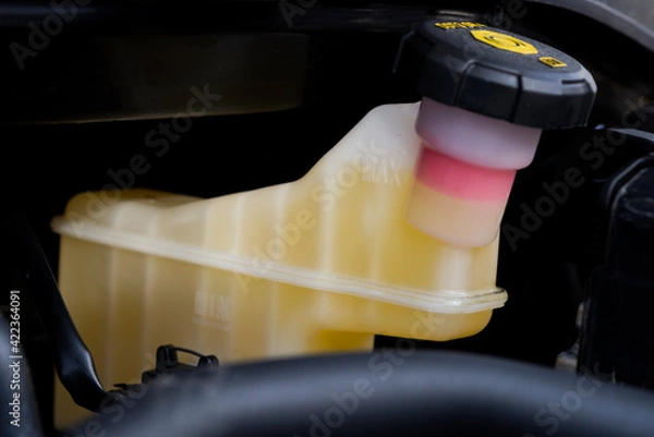 Fototapeta Car service. Close-up of a reservoir for brake fluid in a car engine. Brake fluid tank. 