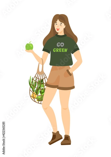 Obraz Young girl holding a grocery string bag. Girl with shopping bag. Zero waste, vegetarianism, ecology. No plastic bags. Eco bag with vegetables.